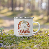 enamel coffee mug for hiking and riding. Bootleg Canyon
